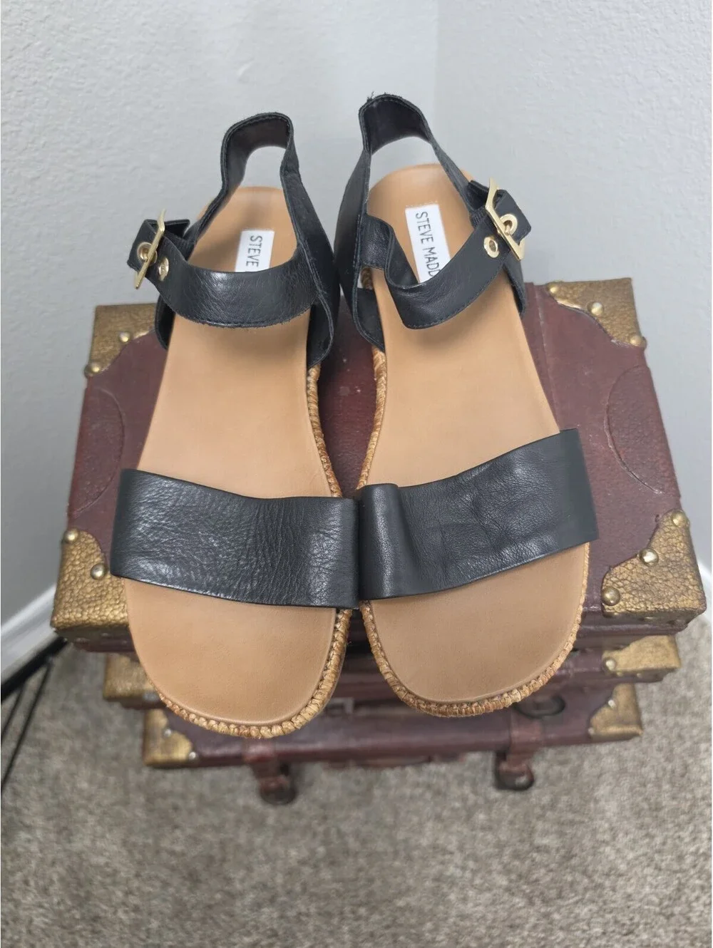 Steve Madan Womens Size 8 Strappy Sandal Black Leather Open Toe
